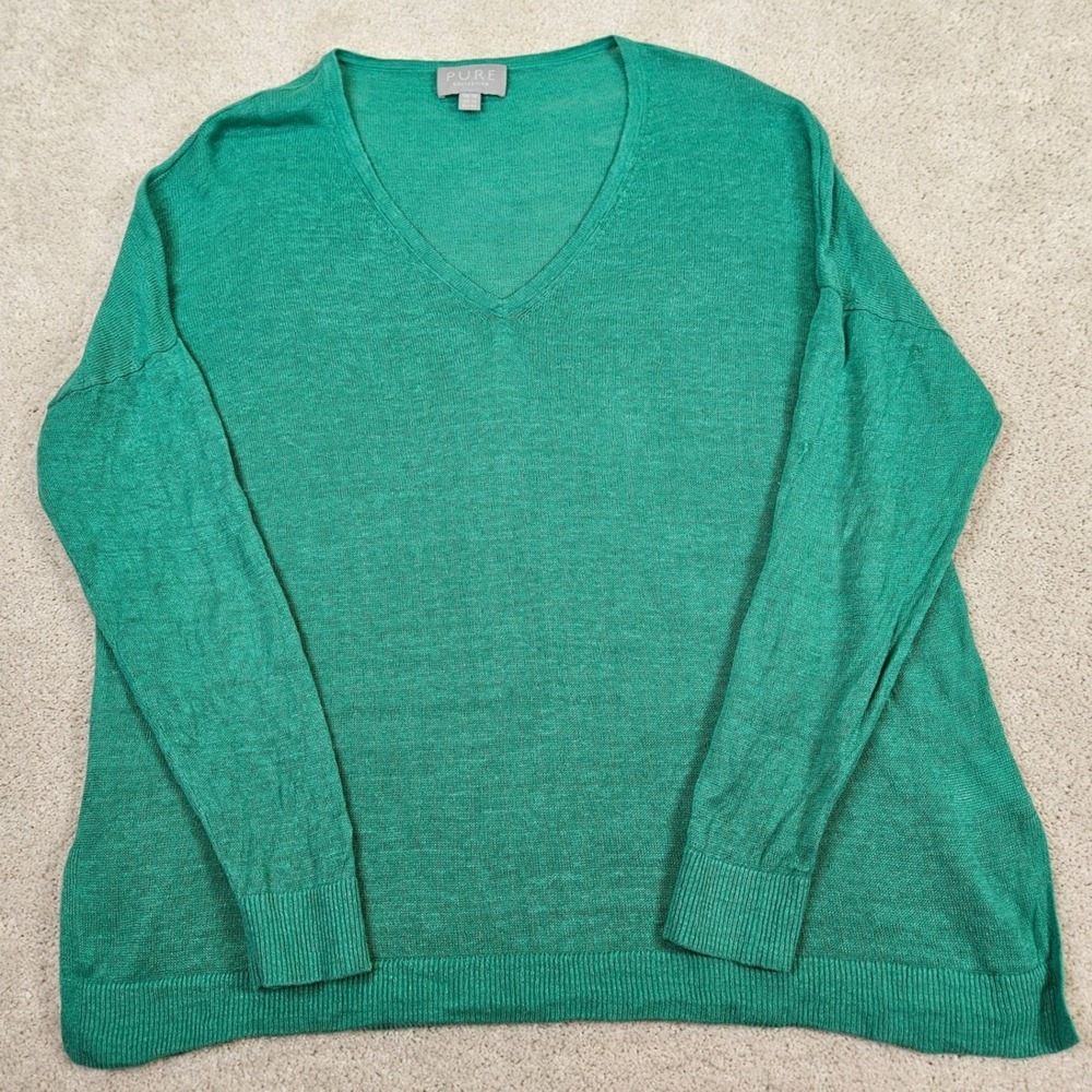 PURE COLLECTION Emerald Green V Neck 100% Linen Sweater Women US‎ 12 Grannycore